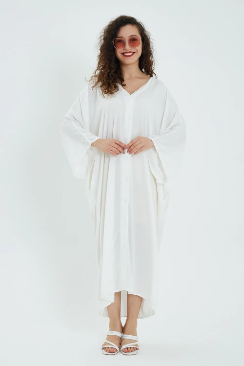 Maxi Boy Beyaz V Yaka Sırtı Nakışlı Oversize Uzun Dokuma Gömlek Elbise BCVL-24906