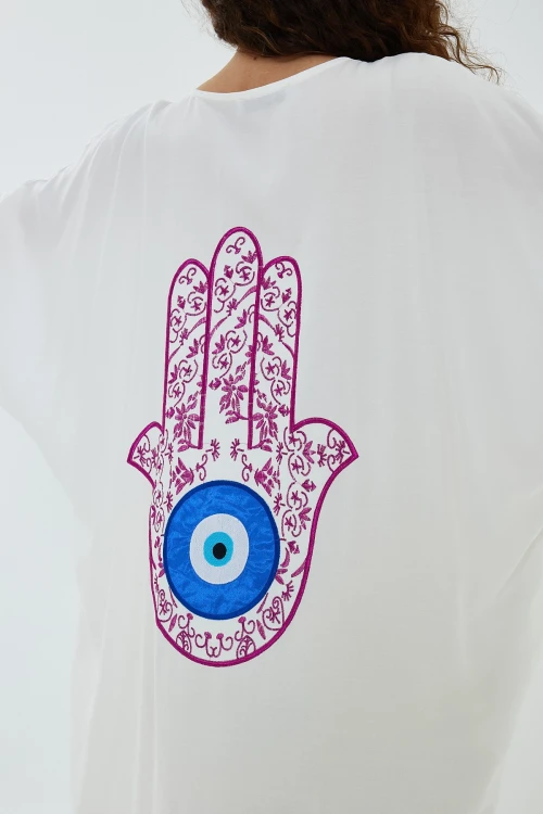 Maxi Boy Beyaz V Yaka Sırtı Nakışlı Oversize Uzun Dokuma Gömlek Elbise BCVL-24906