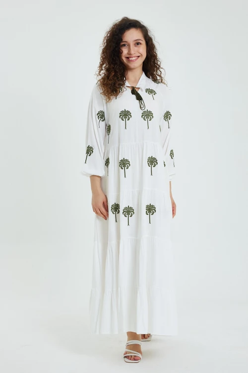 Maxi Boy Beyaz V Yaka Yakası Bağlamalı Nakış İşlemeli Uzun Boy Dokuma Elbise BCVL-24925