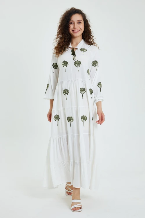 Maxi Boy Beyaz V Yaka Yakası Bağlamalı Nakış İşlemeli Uzun Boy Dokuma Elbise BCVL-24925