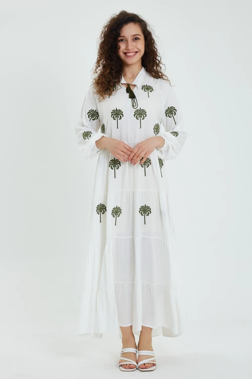 Maxi Boy Beyaz V Yaka Yakası Bağlamalı Nakış İşlemeli Uzun Boy Dokuma Elbise BCVL-24925