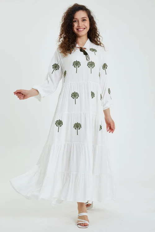 Maxi Boy Beyaz V Yaka Yakası Bağlamalı Nakış İşlemeli Uzun Boy Dokuma Elbise BCVL-24925