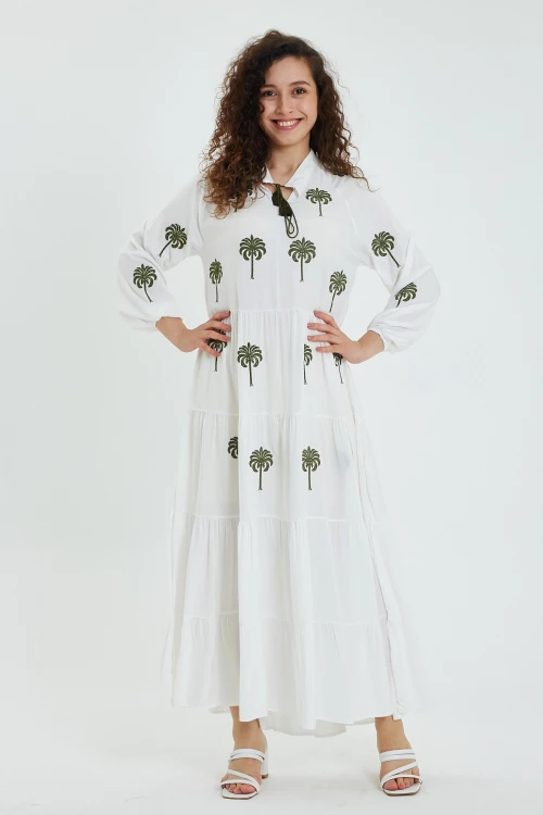 Maxi Boy Beyaz V Yaka Yakası Bağlamalı Nakış İşlemeli Uzun Boy Dokuma Elbise BCVL-24925