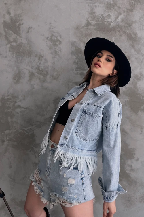 Buz Mavi Saçak Detaylı Denim Ceket