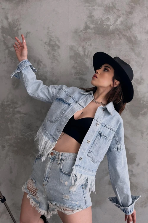 Buz Mavi Saçak Detaylı Denim Ceket