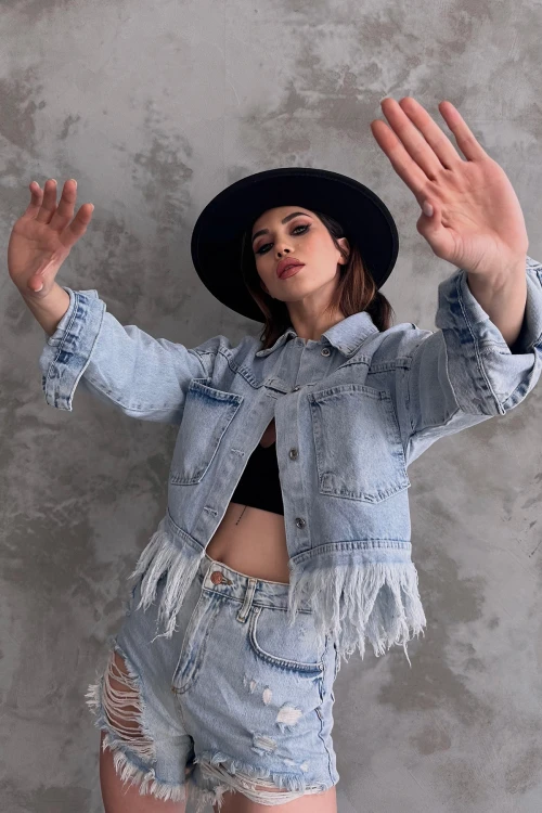 Buz Mavi Saçak Detaylı Denim Ceket