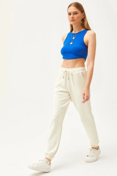 Ekru Çift Cepli Yumuşak Dokulu Modal Paçası Lastikli Jogger Eşofman Altı BC241146