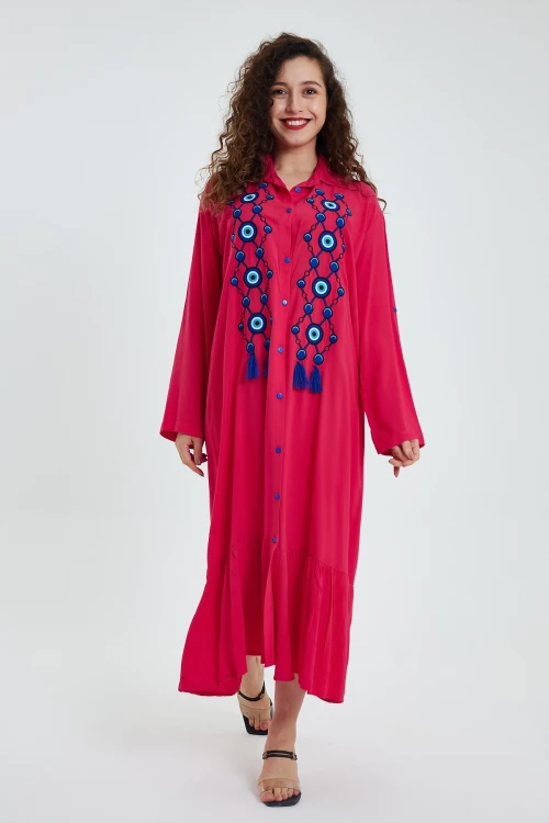 Maxi Boy Fuşya Nakış Ve Püskül Detaylı Uzun Boy Gömlek Elbise BCVL-24946