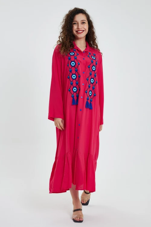 Maxi Boy Fuşya Nakış Ve Püskül Detaylı Uzun Boy Gömlek Elbise BCVL-24946