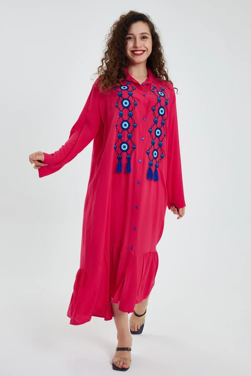 Maxi Boy Fuşya Nakış Ve Püskül Detaylı Uzun Boy Gömlek Elbise BCVL-24946