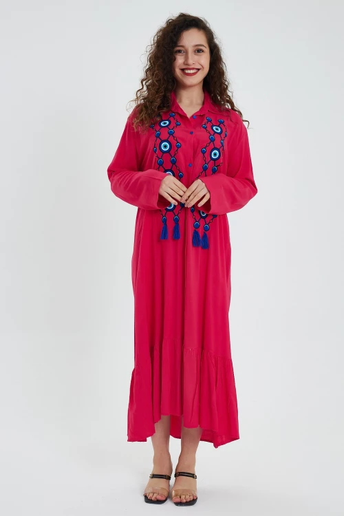 Maxi Boy Fuşya Nakış Ve Püskül Detaylı Uzun Boy Gömlek Elbise BCVL-24946