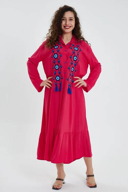 Maxi Boy Fuşya Nakış Ve Püskül Detaylı Uzun Boy Gömlek Elbise BCVL-24946