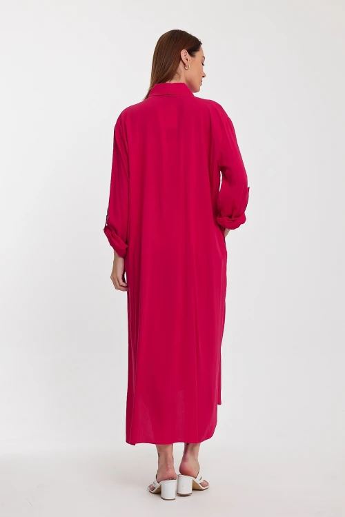 Maxi Boy Fuşya Payet İşlemeli Uzun Boy Dokuma Gömlek Elbise BCVL-24943