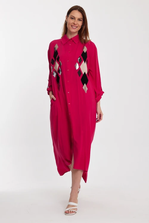 Maxi Boy Fuşya Payet İşlemeli Uzun Boy Dokuma Gömlek Elbise BCVL-24943