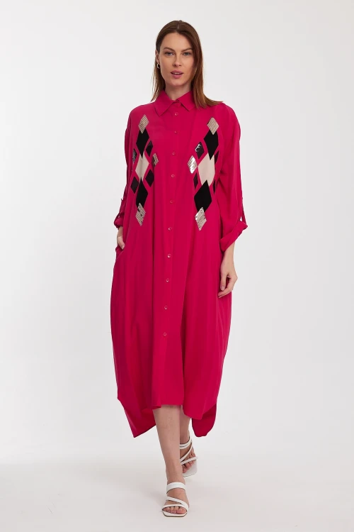 Maxi Boy Fuşya Payet İşlemeli Uzun Boy Dokuma Gömlek Elbise BCVL-24943