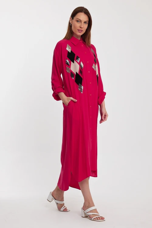 Maxi Boy Fuşya Payet İşlemeli Uzun Boy Dokuma Gömlek Elbise BCVL-24943