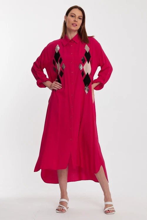 Maxi Boy Fuşya Payet İşlemeli Uzun Boy Dokuma Gömlek Elbise BCVL-24943