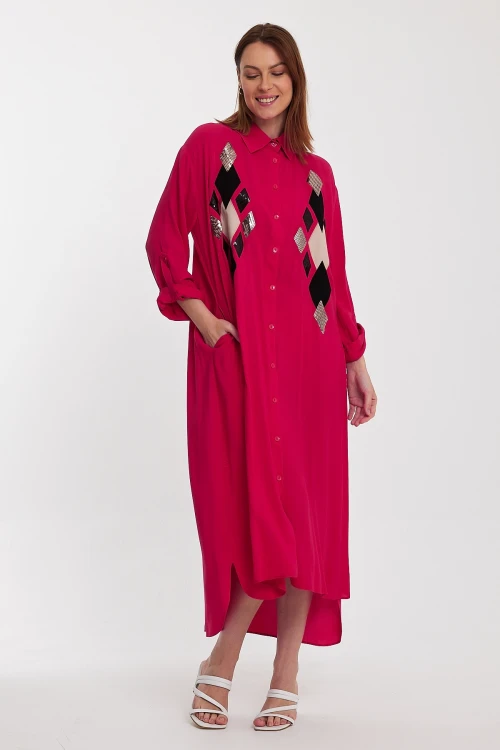 Maxi Boy Fuşya Payet İşlemeli Uzun Boy Dokuma Gömlek Elbise BCVL-24943