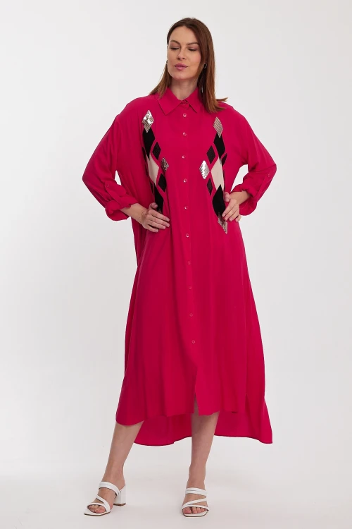 Maxi Boy Fuşya Payet İşlemeli Uzun Boy Dokuma Gömlek Elbise BCVL-24943