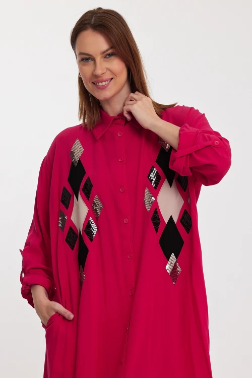 Maxi Boy Fuşya Payet İşlemeli Uzun Boy Dokuma Gömlek Elbise BCVL-24943