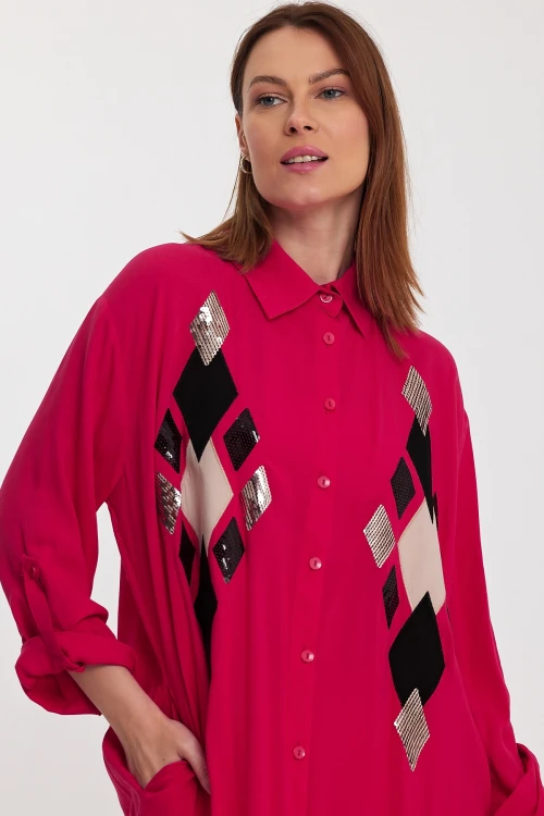 Maxi Boy Fuşya Payet İşlemeli Uzun Boy Dokuma Gömlek Elbise BCVL-24943