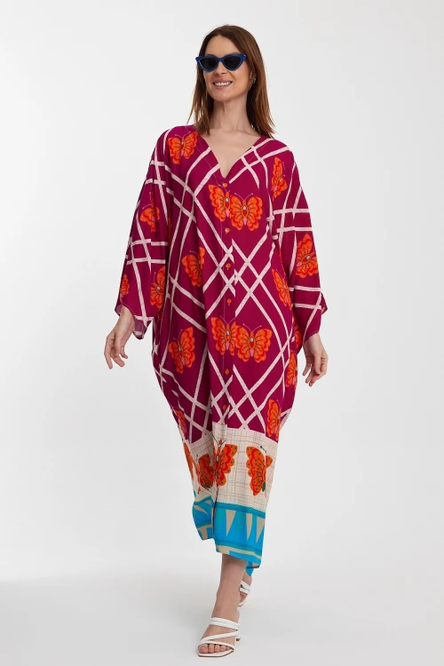 Maxi Boy Fuşya V Yaka Çiçek Desenli Uzun Boy Dokuma Gömlek Elbise BCVL-241032