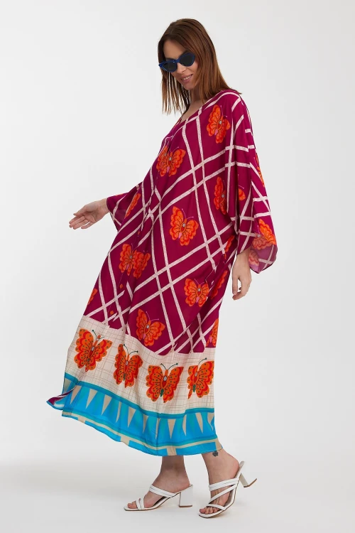 Maxi Boy Fuşya V Yaka Çiçek Desenli Uzun Boy Dokuma Gömlek Elbise BCVL-241032