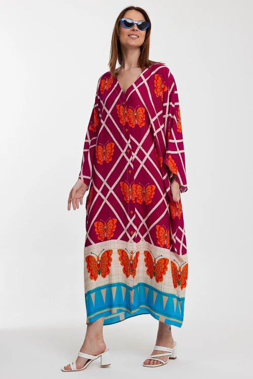 Maxi Boy Fuşya V Yaka Çiçek Desenli Uzun Boy Dokuma Gömlek Elbise BCVL-241032