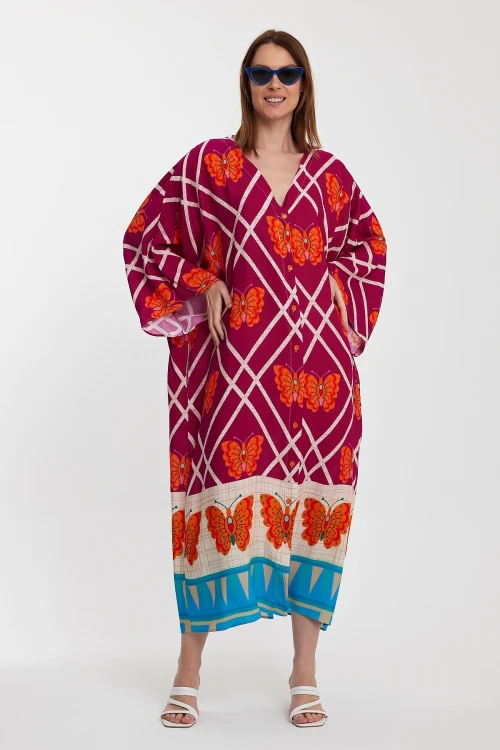 Maxi Boy Fuşya V Yaka Çiçek Desenli Uzun Boy Dokuma Gömlek Elbise BCVL-241032