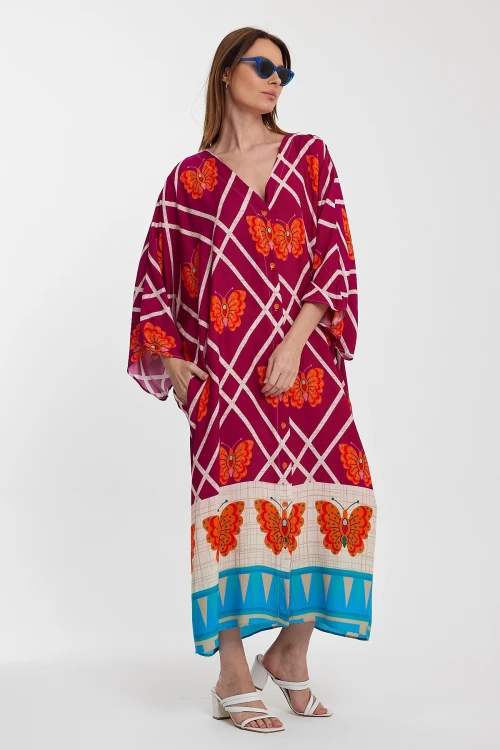 Maxi Boy Fuşya V Yaka Çiçek Desenli Uzun Boy Dokuma Gömlek Elbise BCVL-241032