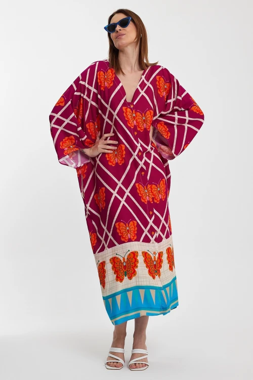 Maxi Boy Fuşya V Yaka Çiçek Desenli Uzun Boy Dokuma Gömlek Elbise BCVL-241032