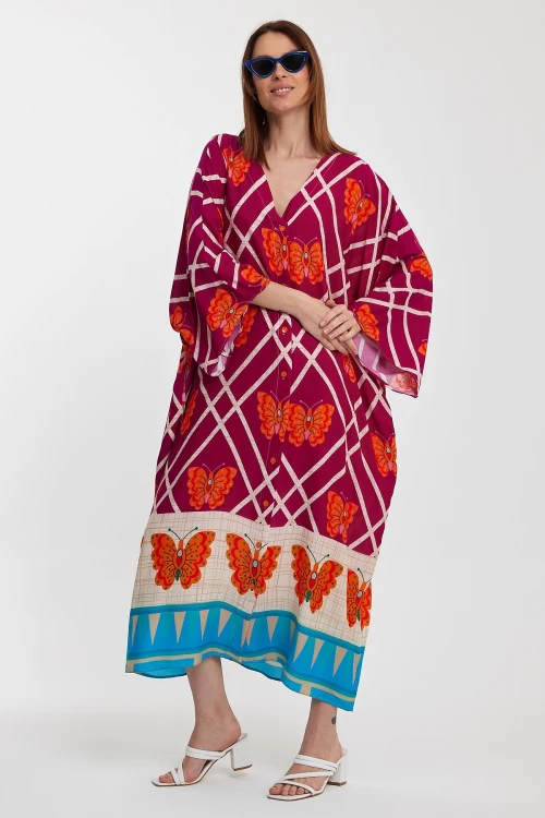 Maxi Boy Fuşya V Yaka Çiçek Desenli Uzun Boy Dokuma Gömlek Elbise BCVL-241032