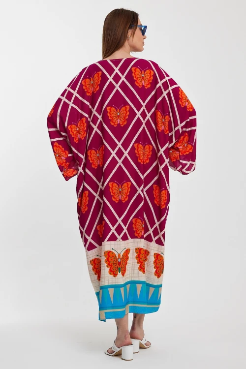 Maxi Boy Fuşya V Yaka Çiçek Desenli Uzun Boy Dokuma Gömlek Elbise BCVL-241032