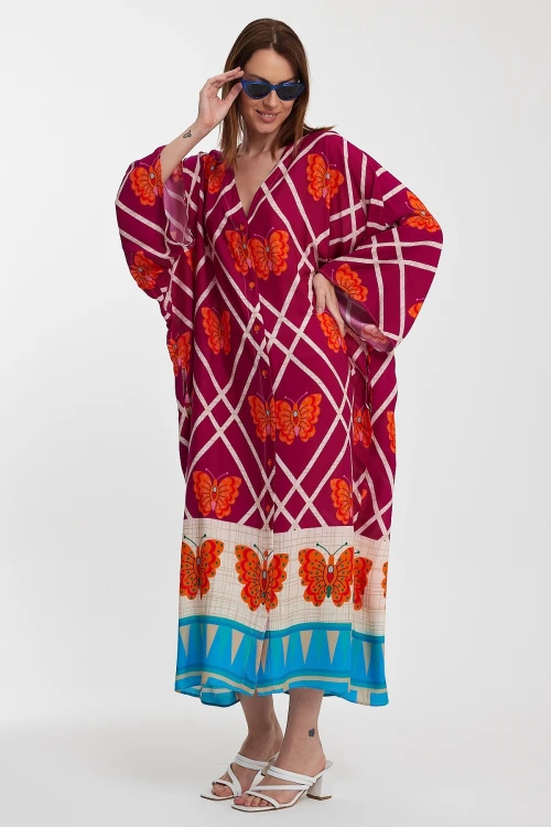 Maxi Boy Fuşya V Yaka Çiçek Desenli Uzun Boy Dokuma Gömlek Elbise BCVL-241032