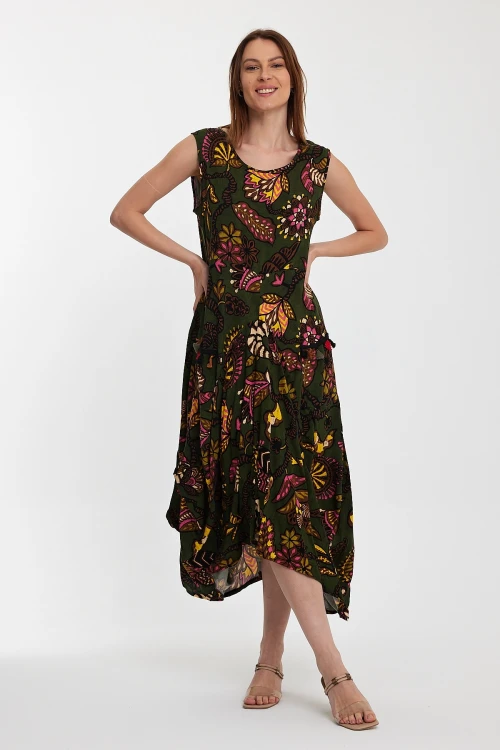 Maxi Boy Haki Bisiklet Yaka Çift Cepli Sıfır Kol Çiçek Desenli Rahat Kalıp Elbise BCVL-242014