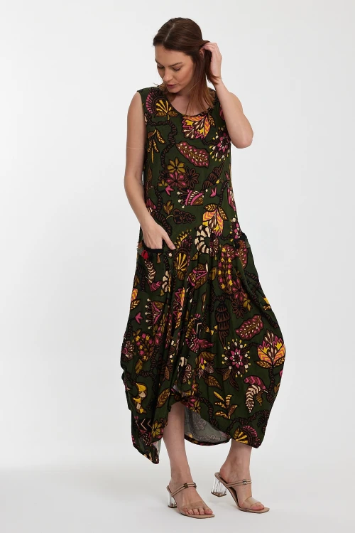 Maxi Boy Haki Bisiklet Yaka Çift Cepli Sıfır Kol Çiçek Desenli Rahat Kalıp Elbise BCVL-242014