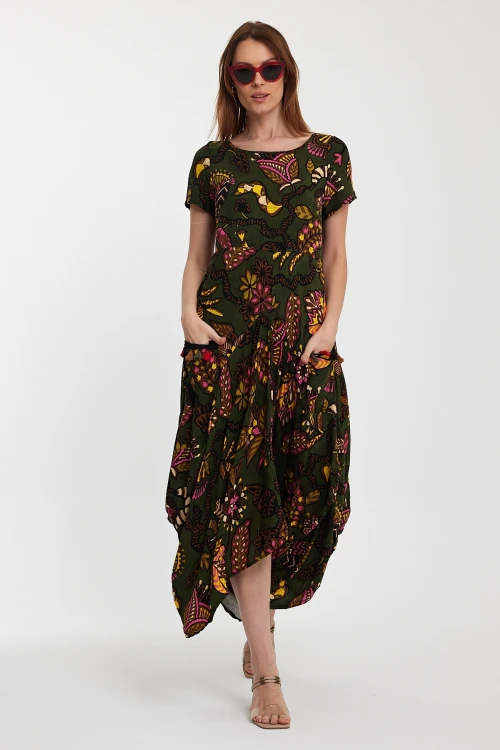 Maxi Boy Haki Bisiklet Yaka Çift Cepli Yarım Kol Çiçek Desenli Rahat Kalıp Elbise BCVL-242128