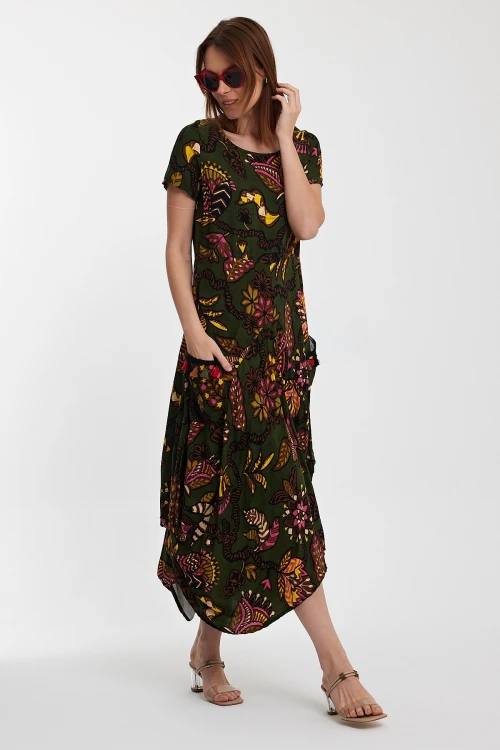 Maxi Boy Haki Bisiklet Yaka Çift Cepli Yarım Kol Çiçek Desenli Rahat Kalıp Elbise BCVL-242128