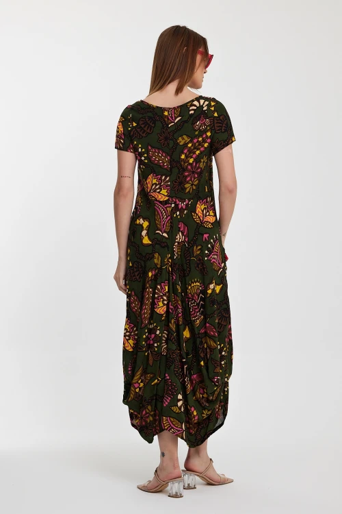 Maxi Boy Haki Bisiklet Yaka Çift Cepli Yarım Kol Çiçek Desenli Rahat Kalıp Elbise BCVL-242128