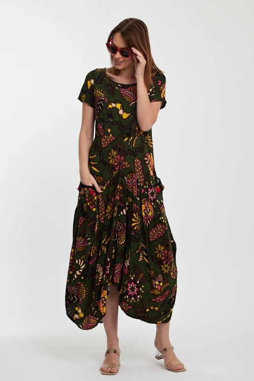 Maxi Boy Haki Bisiklet Yaka Çift Cepli Yarım Kol Çiçek Desenli Rahat Kalıp Elbise BCVL-242128