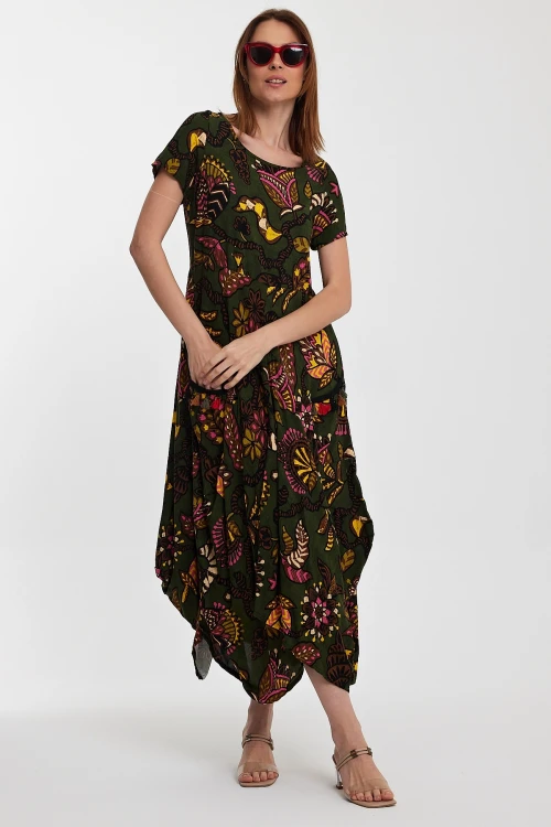 Maxi Boy Haki Bisiklet Yaka Çift Cepli Yarım Kol Çiçek Desenli Rahat Kalıp Elbise BCVL-242128