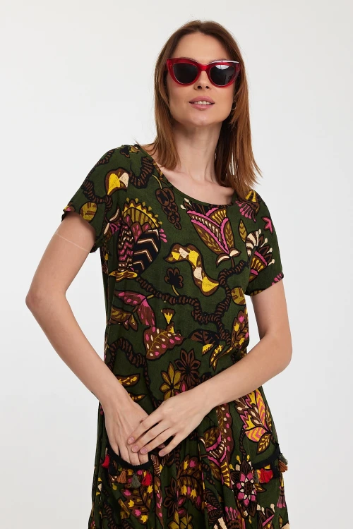 Maxi Boy Haki Bisiklet Yaka Çift Cepli Yarım Kol Çiçek Desenli Rahat Kalıp Elbise BCVL-242128