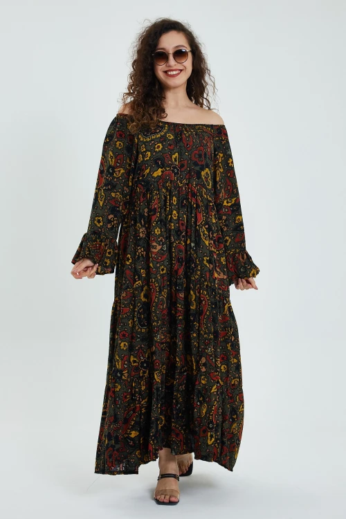 Maxi Boy Haki Düşük Omuz Lastikli Desenli Rahat Kesim Uzun Boy Dokuma Elbise BCVL-242251-1