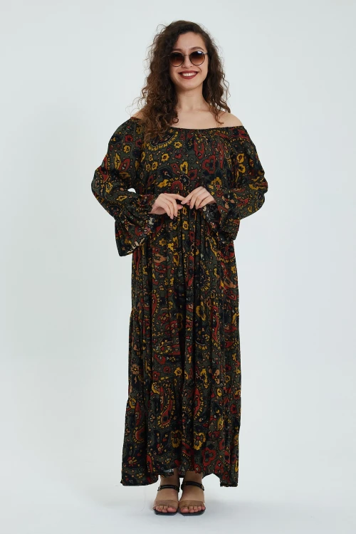 Maxi Boy Haki Düşük Omuz Lastikli Desenli Rahat Kesim Uzun Boy Dokuma Elbise BCVL-242251-1