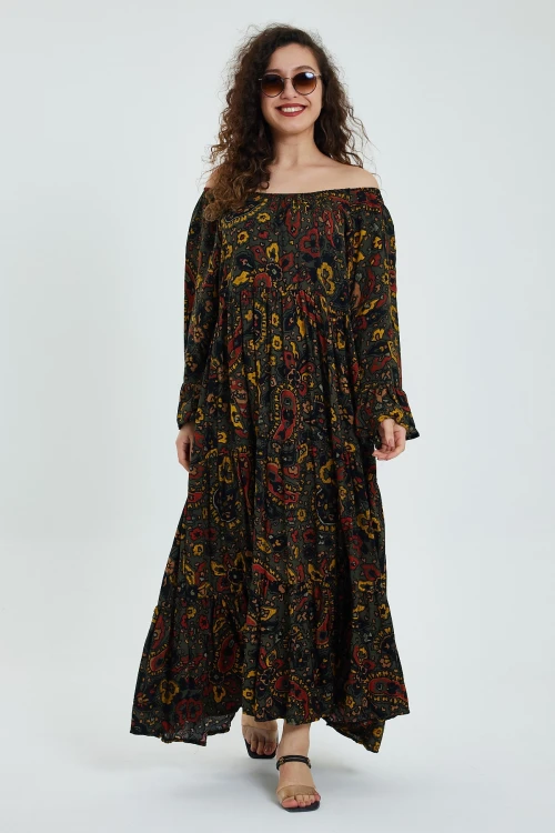 Maxi Boy Haki Düşük Omuz Lastikli Desenli Rahat Kesim Uzun Boy Dokuma Elbise BCVL-242251-1