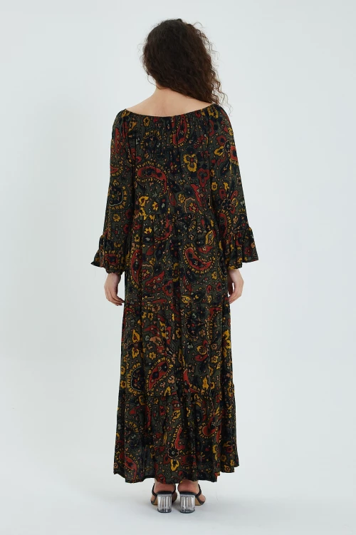 Maxi Boy Haki Düşük Omuz Lastikli Desenli Rahat Kesim Uzun Boy Dokuma Elbise BCVL-242251-1