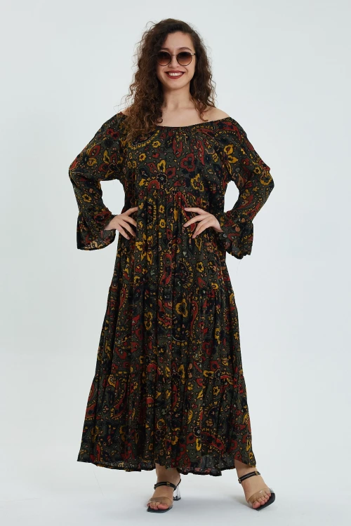 Maxi Boy Haki Düşük Omuz Lastikli Desenli Rahat Kesim Uzun Boy Dokuma Elbise BCVL-242251-1