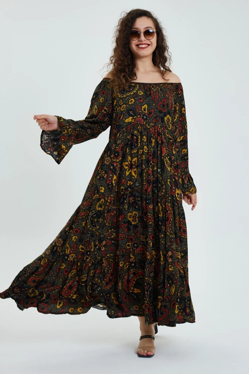 Maxi Boy Haki Düşük Omuz Lastikli Desenli Rahat Kesim Uzun Boy Dokuma Elbise BCVL-242251-1