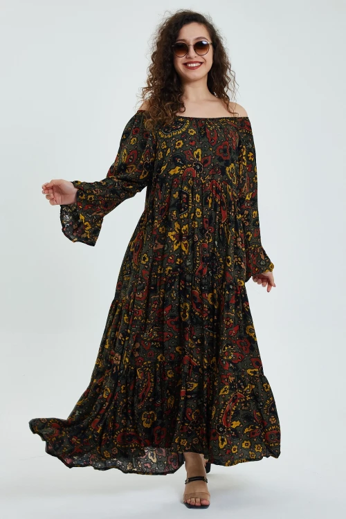 Maxi Boy Haki Düşük Omuz Lastikli Desenli Rahat Kesim Uzun Boy Dokuma Elbise BCVL-242251-1