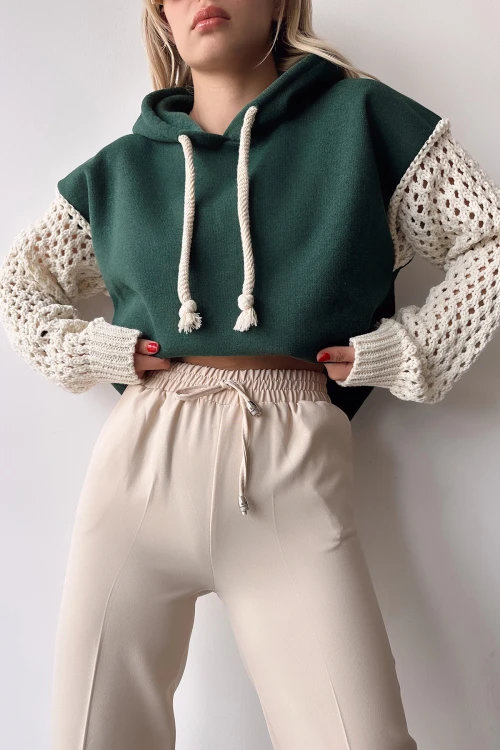 Haki Kapüşonlu Kolları Triko Örgü Crop Sweatshirt BC231021